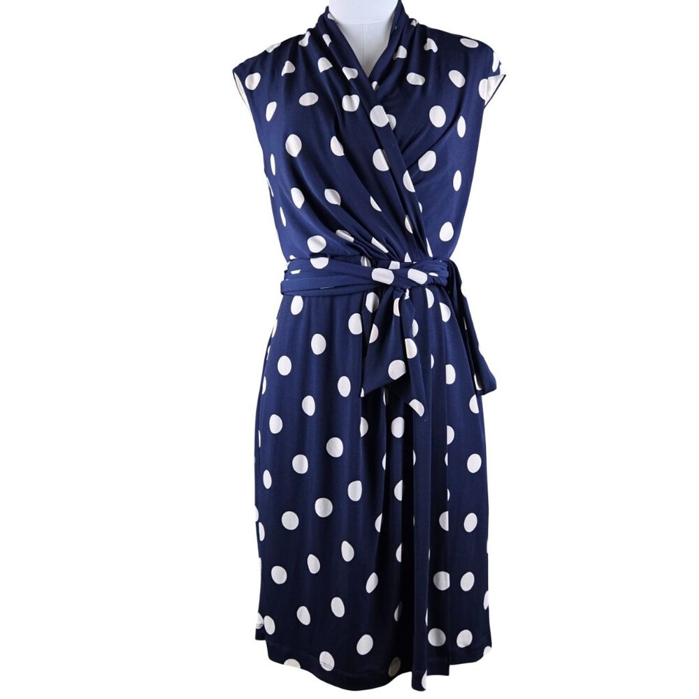 Eliza J Polka Dot Jersey Faux Wrap Dress Size 8 Fully Lined Belt Navy Blue Cream
